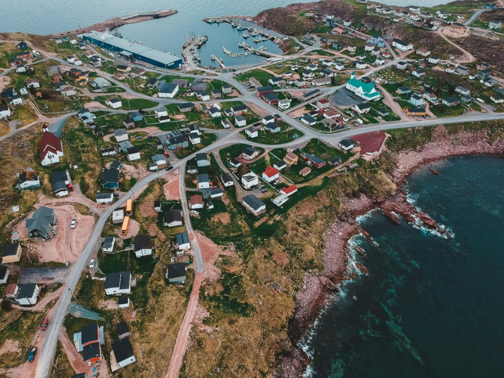 newfie slang and small coastal village with port and typical houses